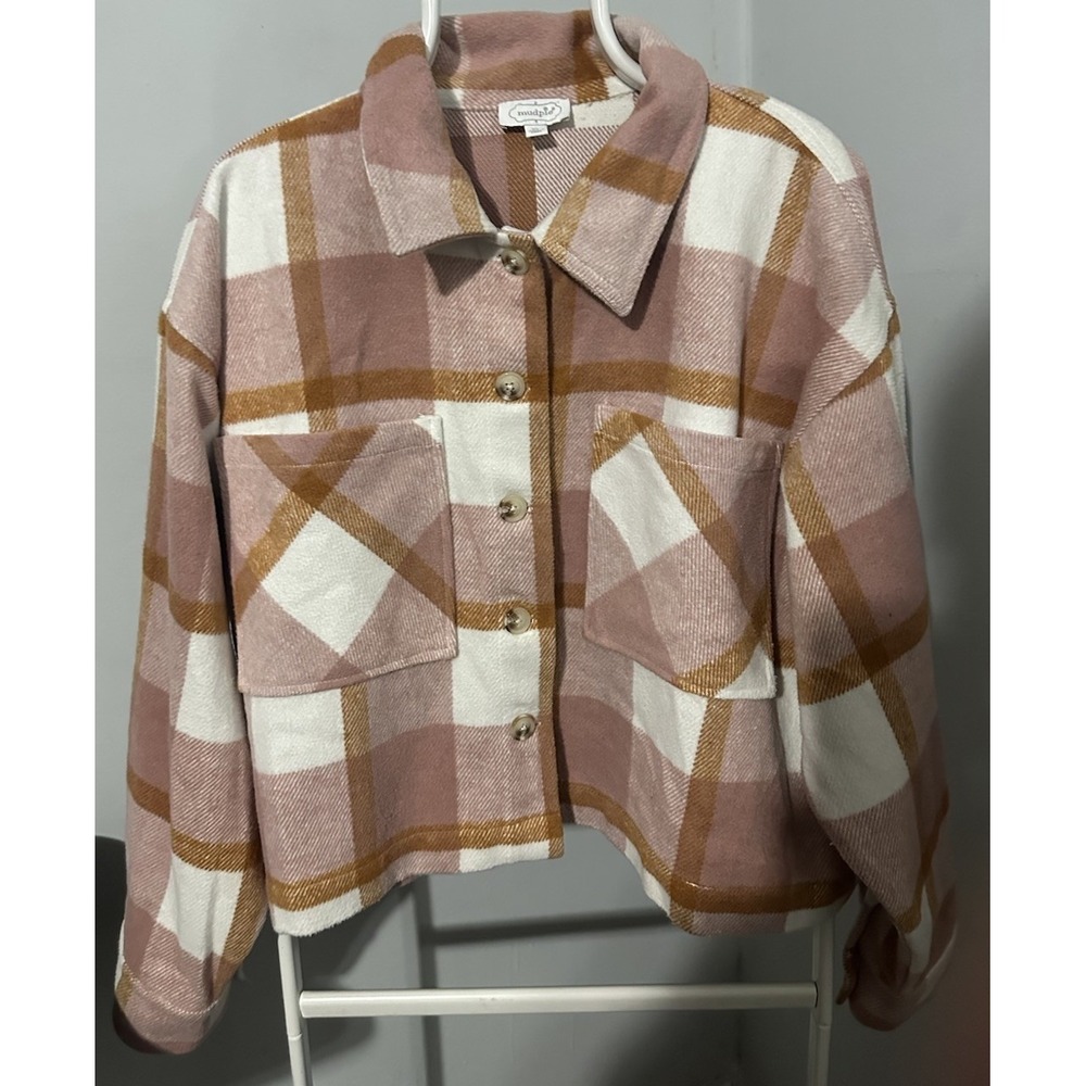 Mud Pie Pink Plaid Maverick Jacket Women's XL Shacket Pockets Soft Button Down
